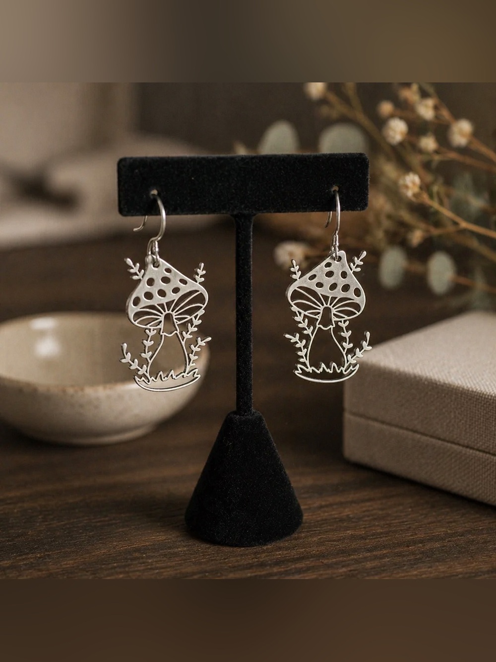 Silver Mushroom Outline Dangle Earrings - hypoallergenic hooks